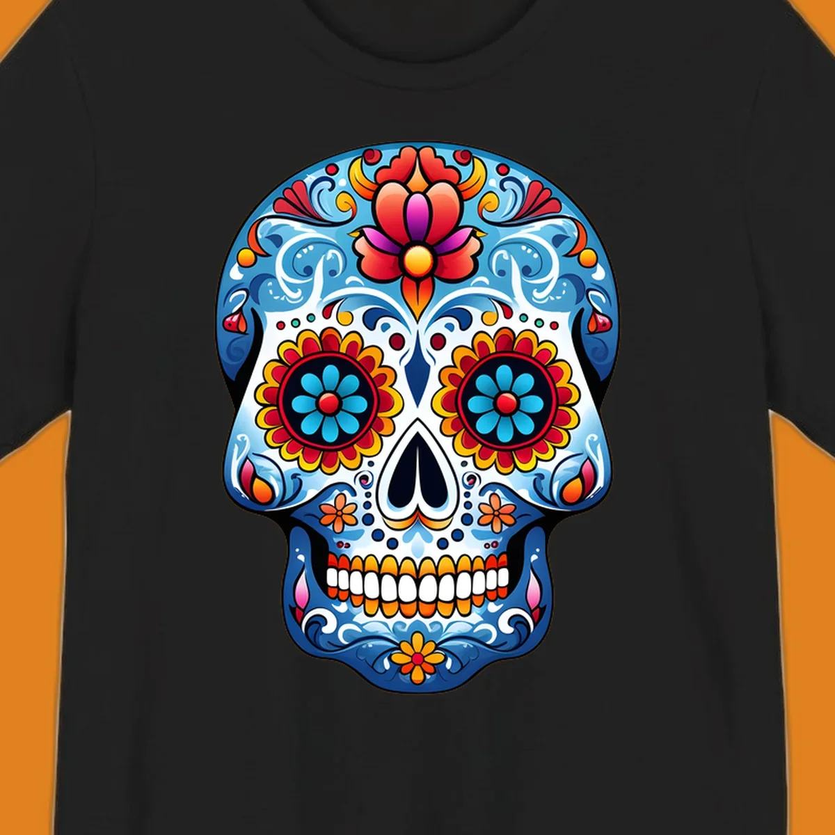 A highly detailed, vibrant floral sugar skull illustration in shades of blue, red, orange, yellow, and pink.
