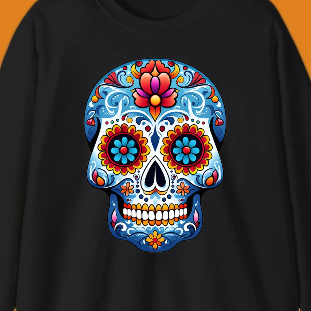 A highly detailed, vibrant floral sugar skull illustration in shades of blue, red, orange, yellow, and pink.
