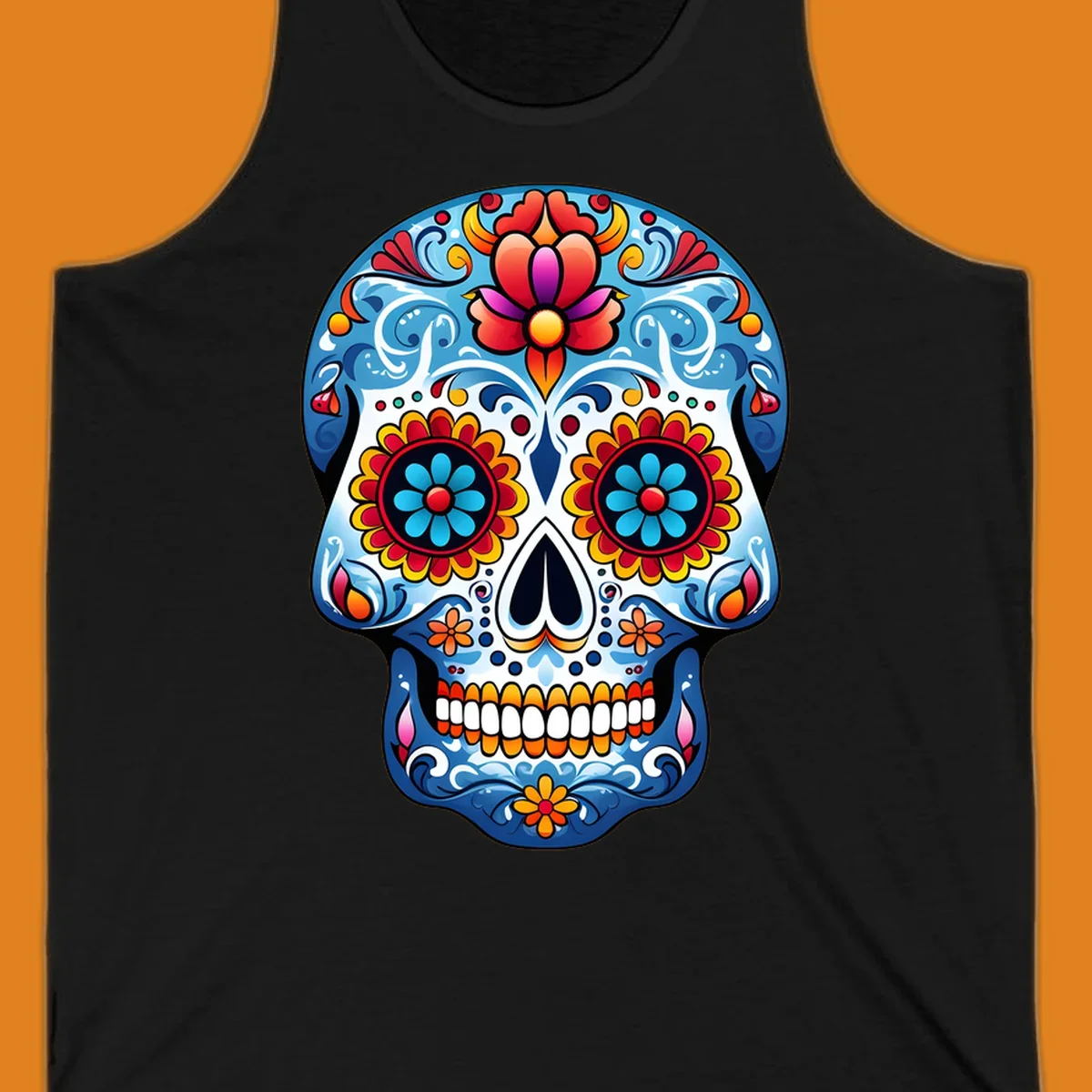 A highly detailed, vibrant floral sugar skull illustration in shades of blue, red, orange, yellow, and pink.