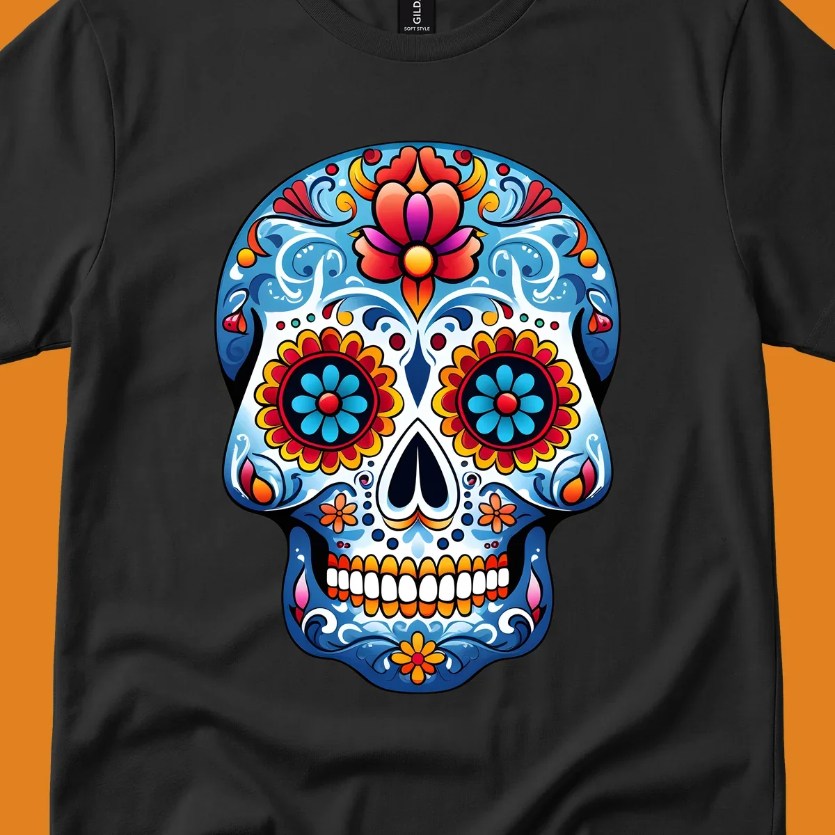 A highly detailed, vibrant floral sugar skull illustration in shades of blue, red, orange, yellow, and pink.