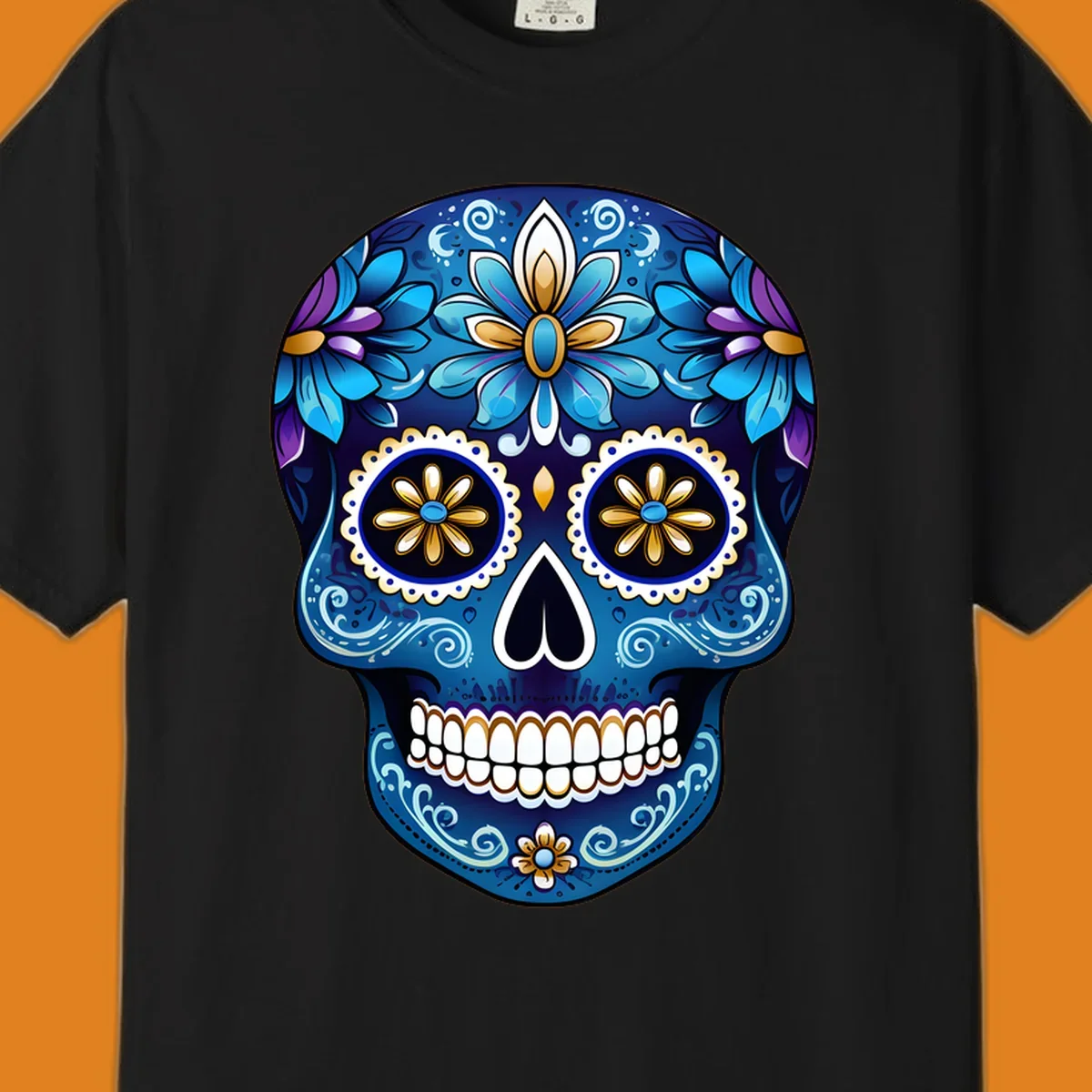 A vibrant blue floral sugar skull illustration with gold and purple accents, intricate scrollwork, and white teeth.