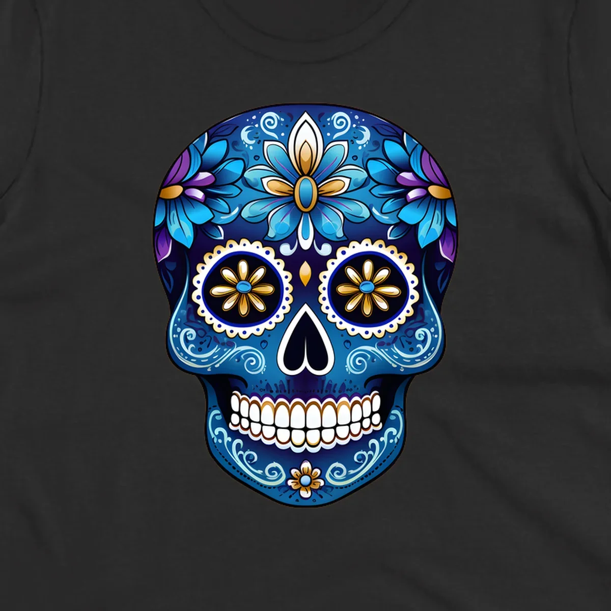 A vibrant blue floral sugar skull illustration with gold and purple accents, intricate scrollwork, and white teeth.
