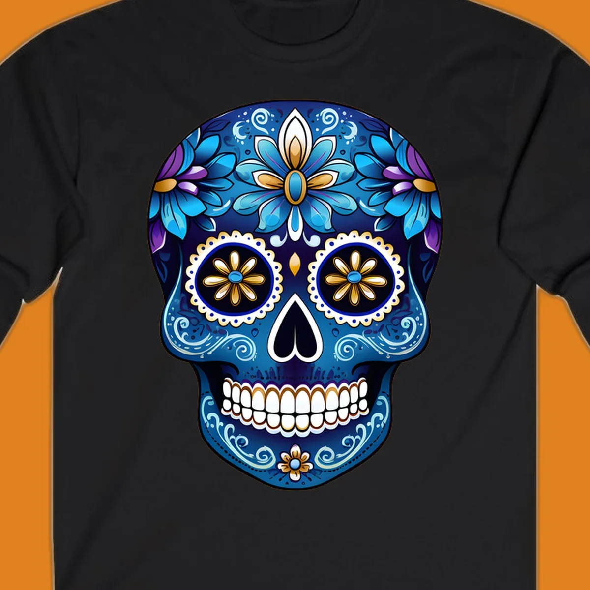 A vibrant blue floral sugar skull illustration with gold and purple accents, intricate scrollwork, and white teeth.