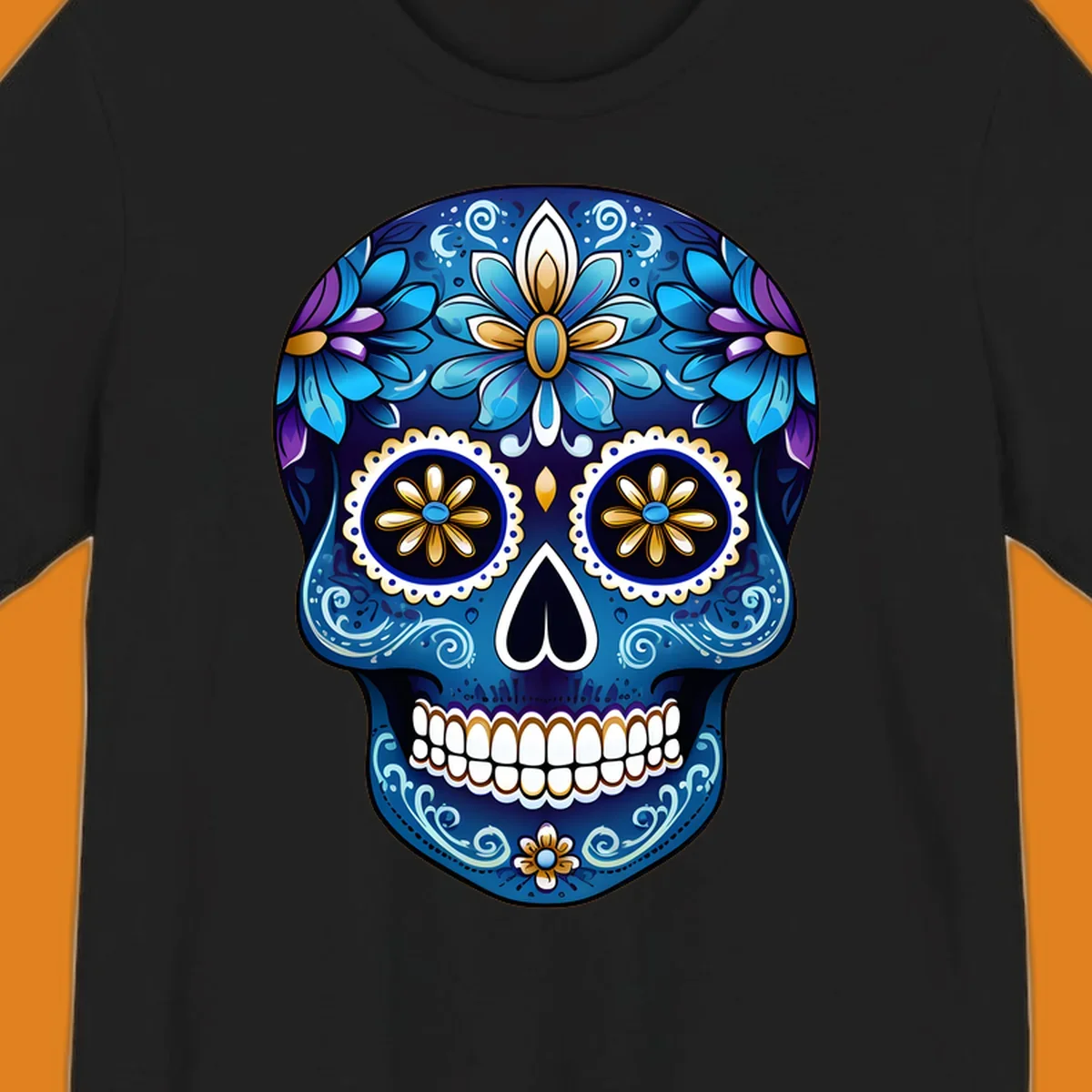 A vibrant blue floral sugar skull illustration with gold and purple accents, intricate scrollwork, and white teeth.