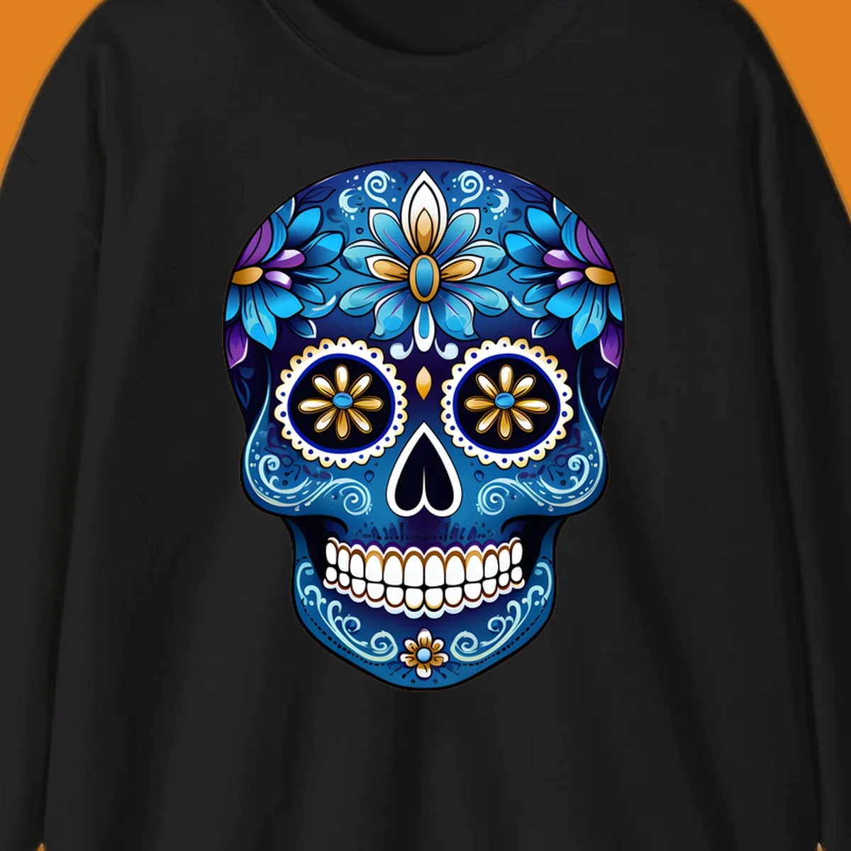 A vibrant blue floral sugar skull illustration with gold and purple accents, intricate scrollwork, and white teeth.