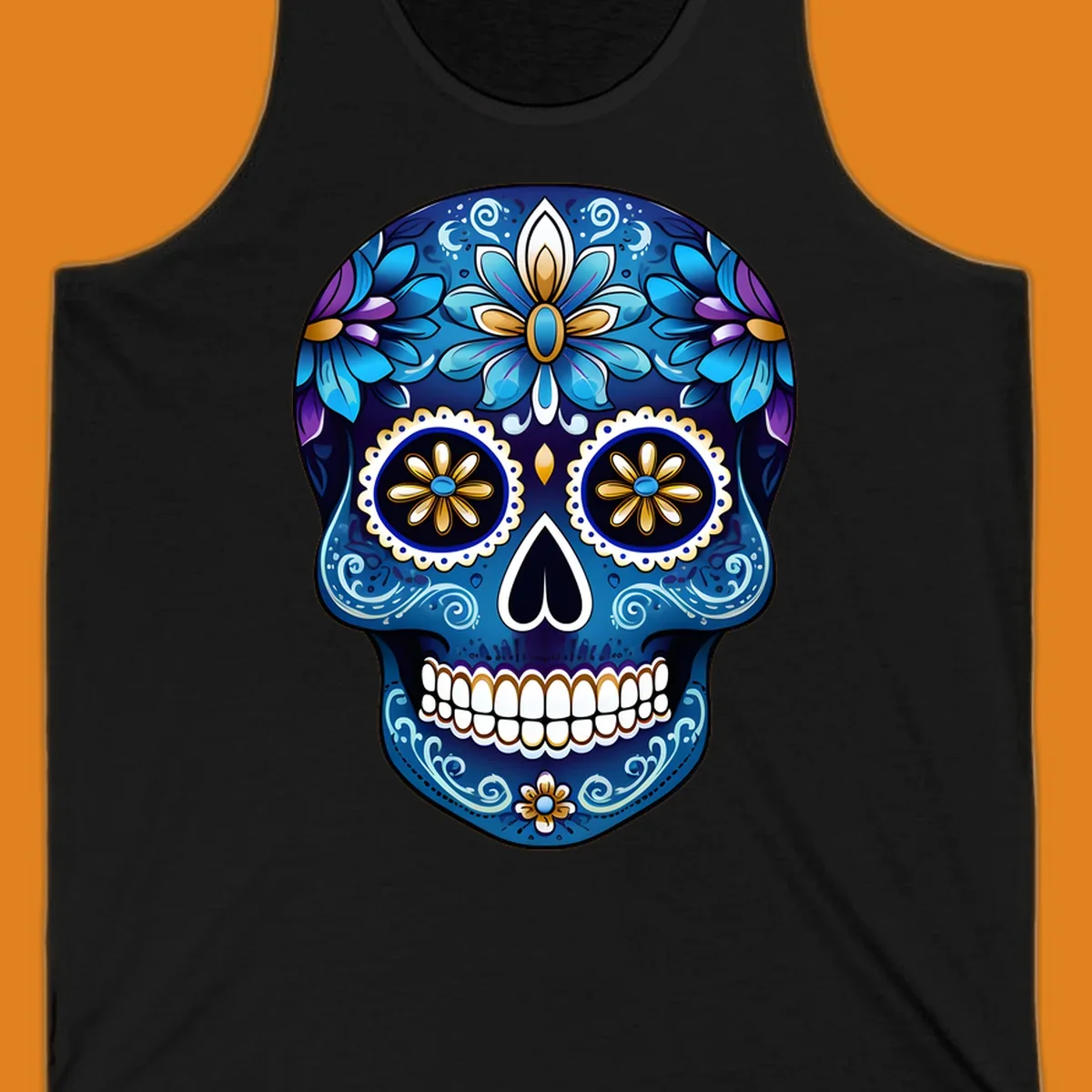 A vibrant blue floral sugar skull illustration with gold and purple accents, intricate scrollwork, and white teeth.
