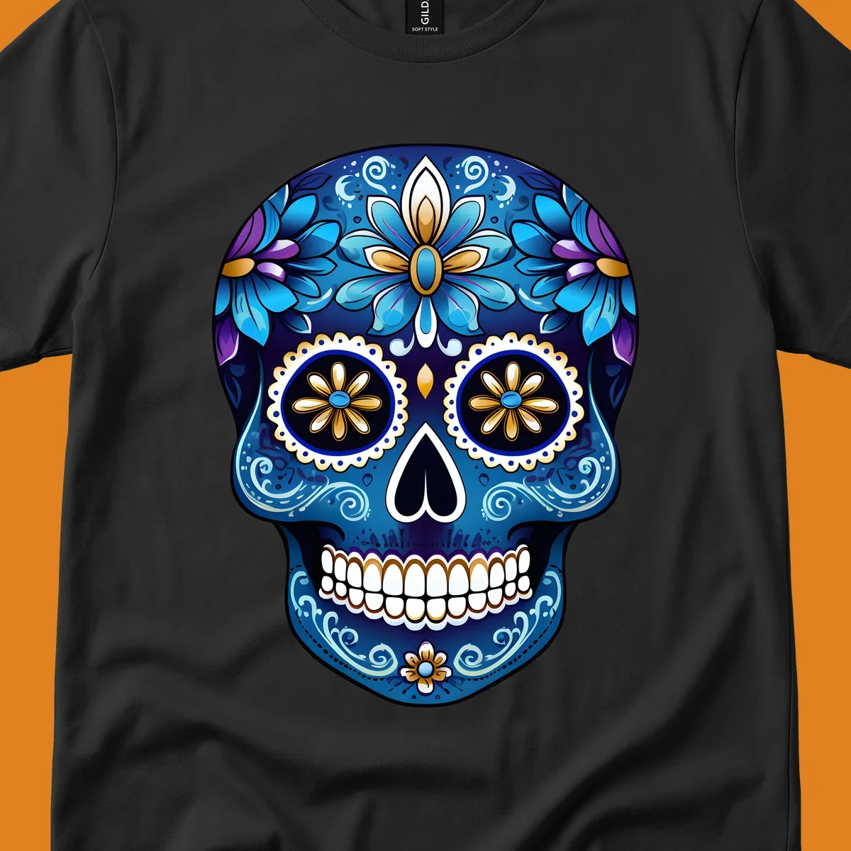 A vibrant blue floral sugar skull illustration with gold and purple accents, intricate scrollwork, and white teeth.