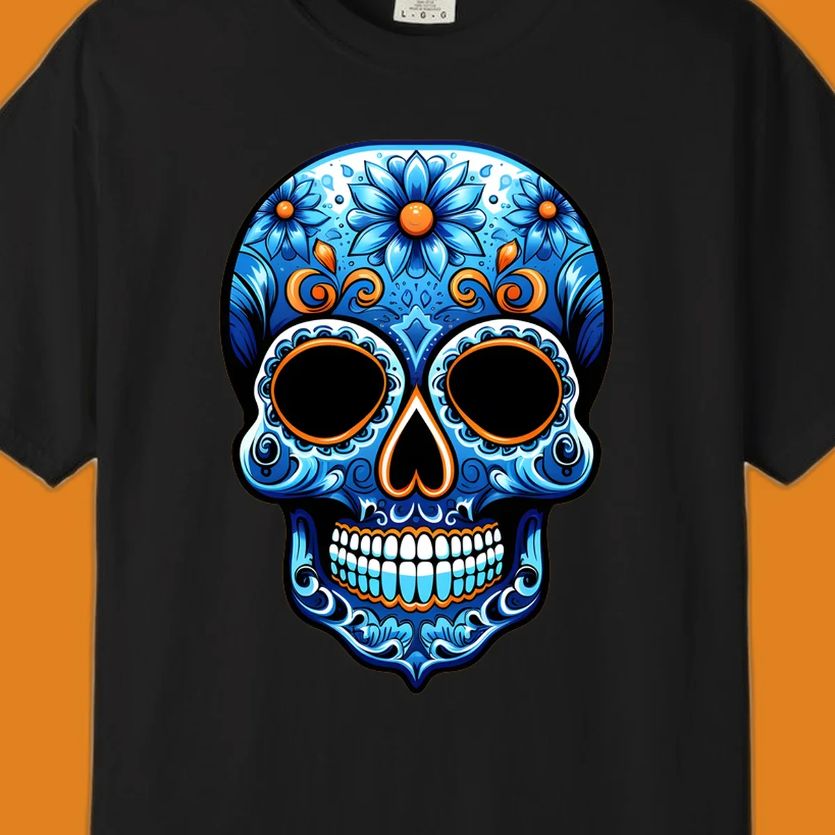 An ornate vibrant floral calavera skull illustration featuring shades of blue, orange accents, and intricate patterns.