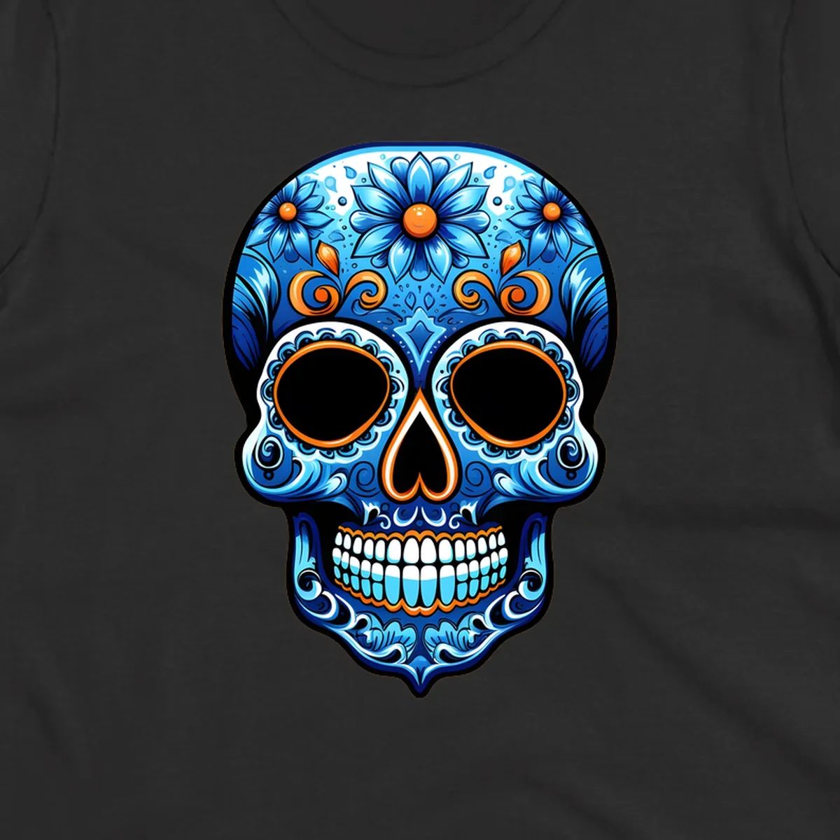 An ornate vibrant floral calavera skull illustration featuring shades of blue, orange accents, and intricate patterns.