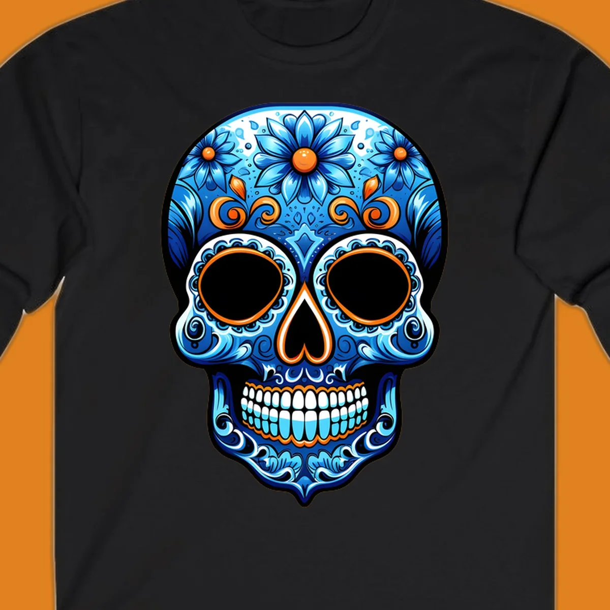 An ornate vibrant floral calavera skull illustration featuring shades of blue, orange accents, and intricate patterns.