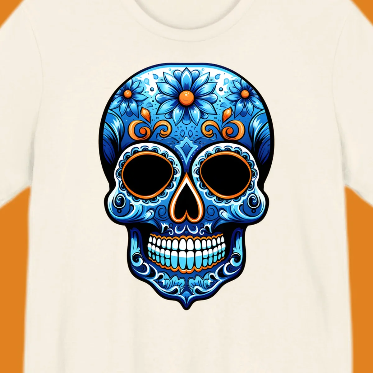 An ornate vibrant floral calavera skull illustration featuring shades of blue, orange accents, and intricate patterns.
