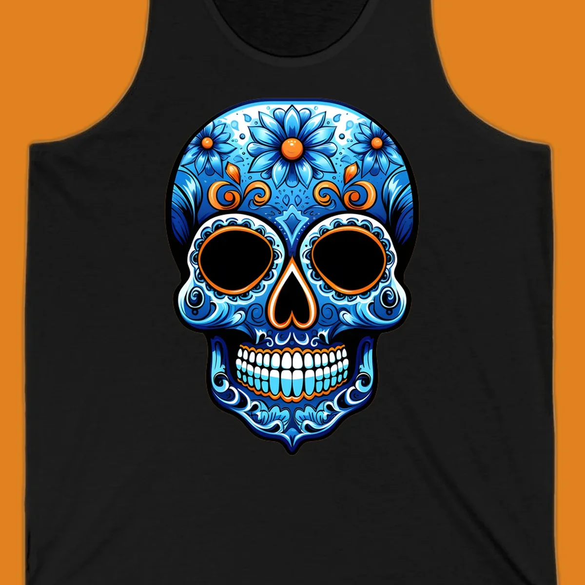 An ornate vibrant floral calavera skull illustration featuring shades of blue, orange accents, and intricate patterns.