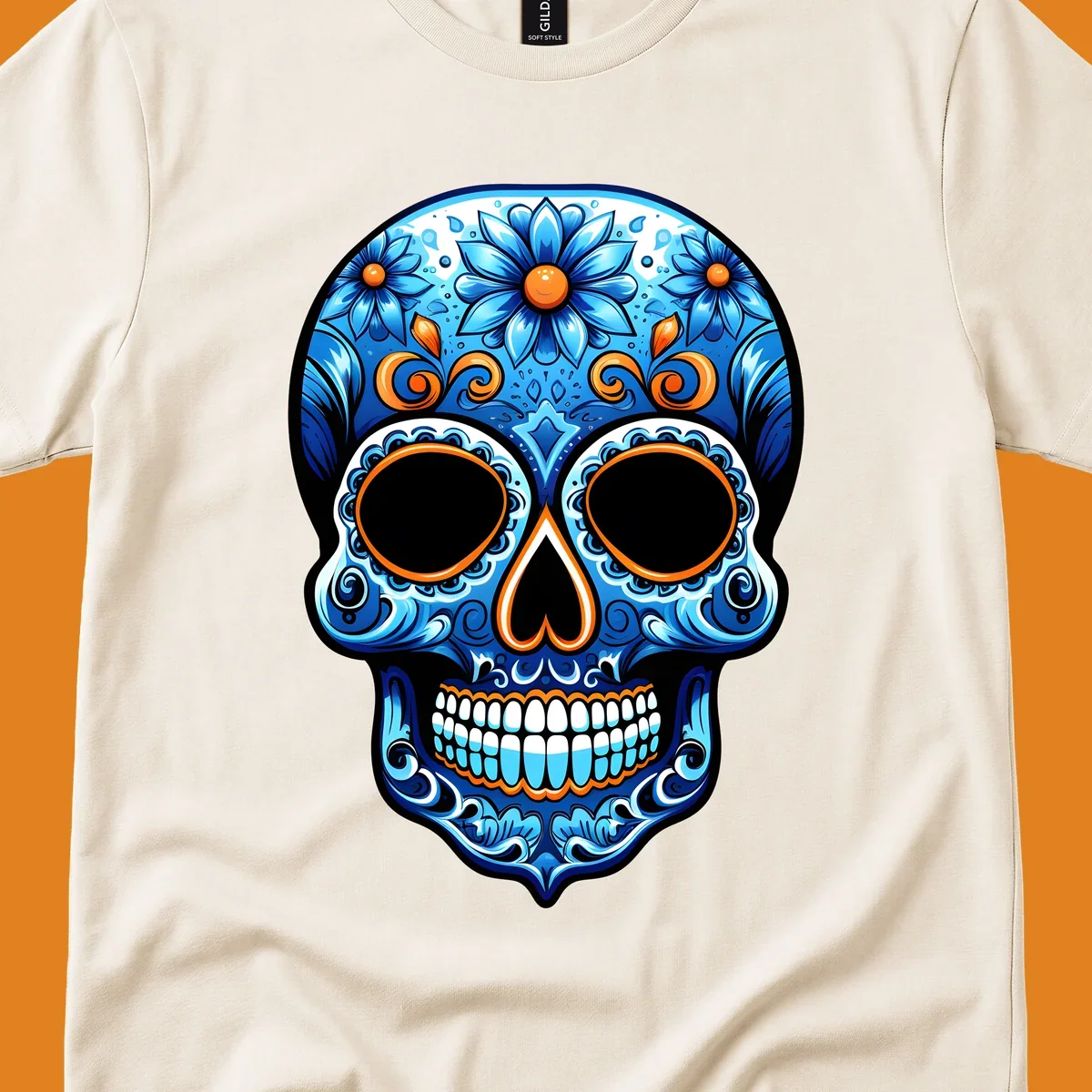 An ornate vibrant floral calavera skull illustration featuring shades of blue, orange accents, and intricate patterns.