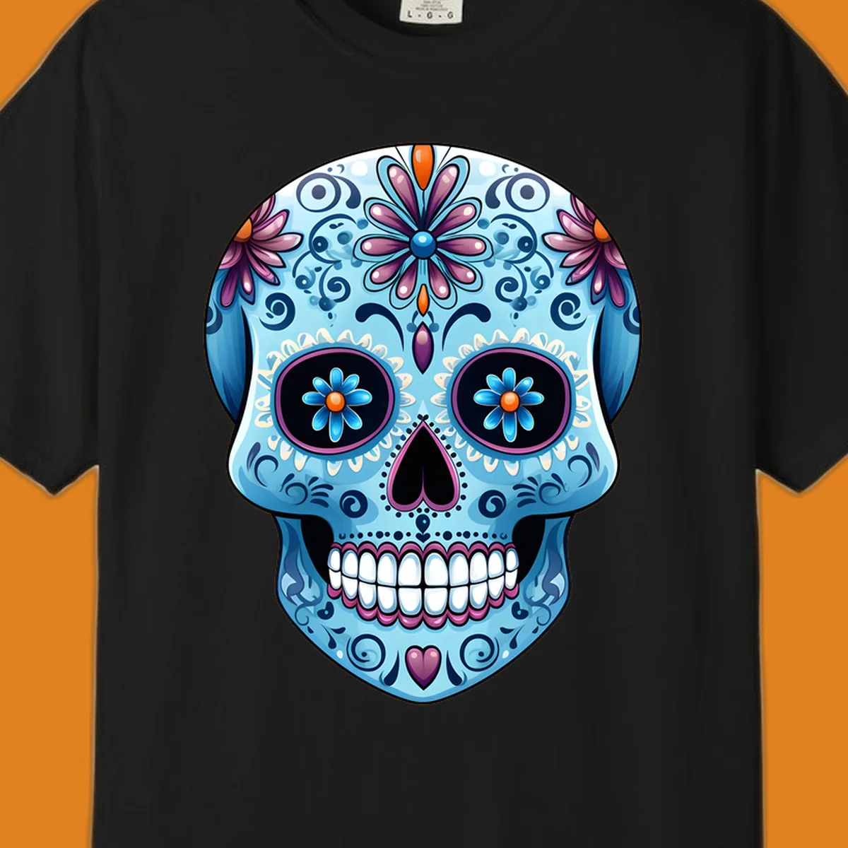 A highly detailed, light blue calavera sugar skull with purple and pink flowers, orange accents, and black eyes. Features intricate-blue-calavera-skull.
