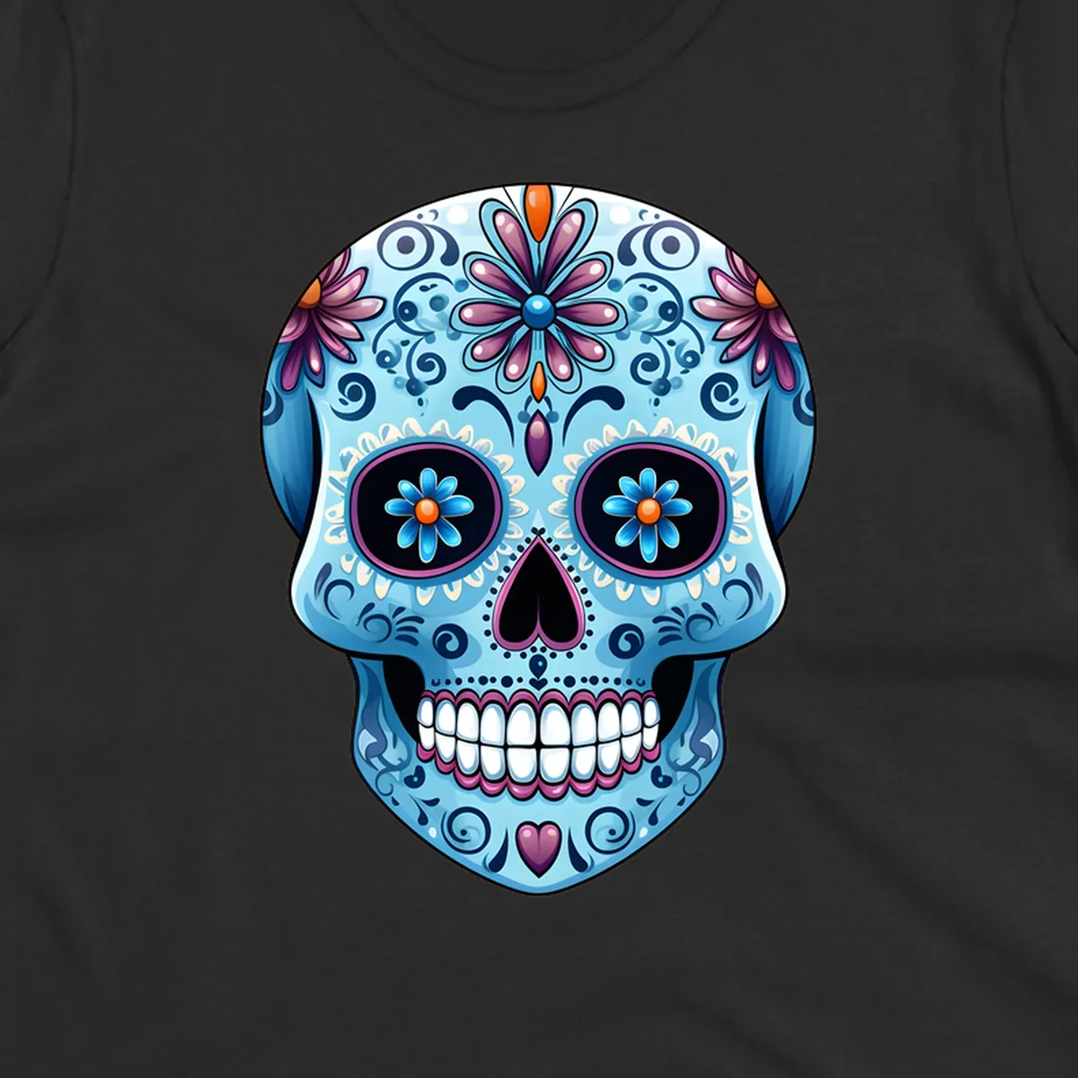 A highly detailed, light blue calavera sugar skull with purple and pink flowers, orange accents, and black eyes. Features intricate-blue-calavera-skull.