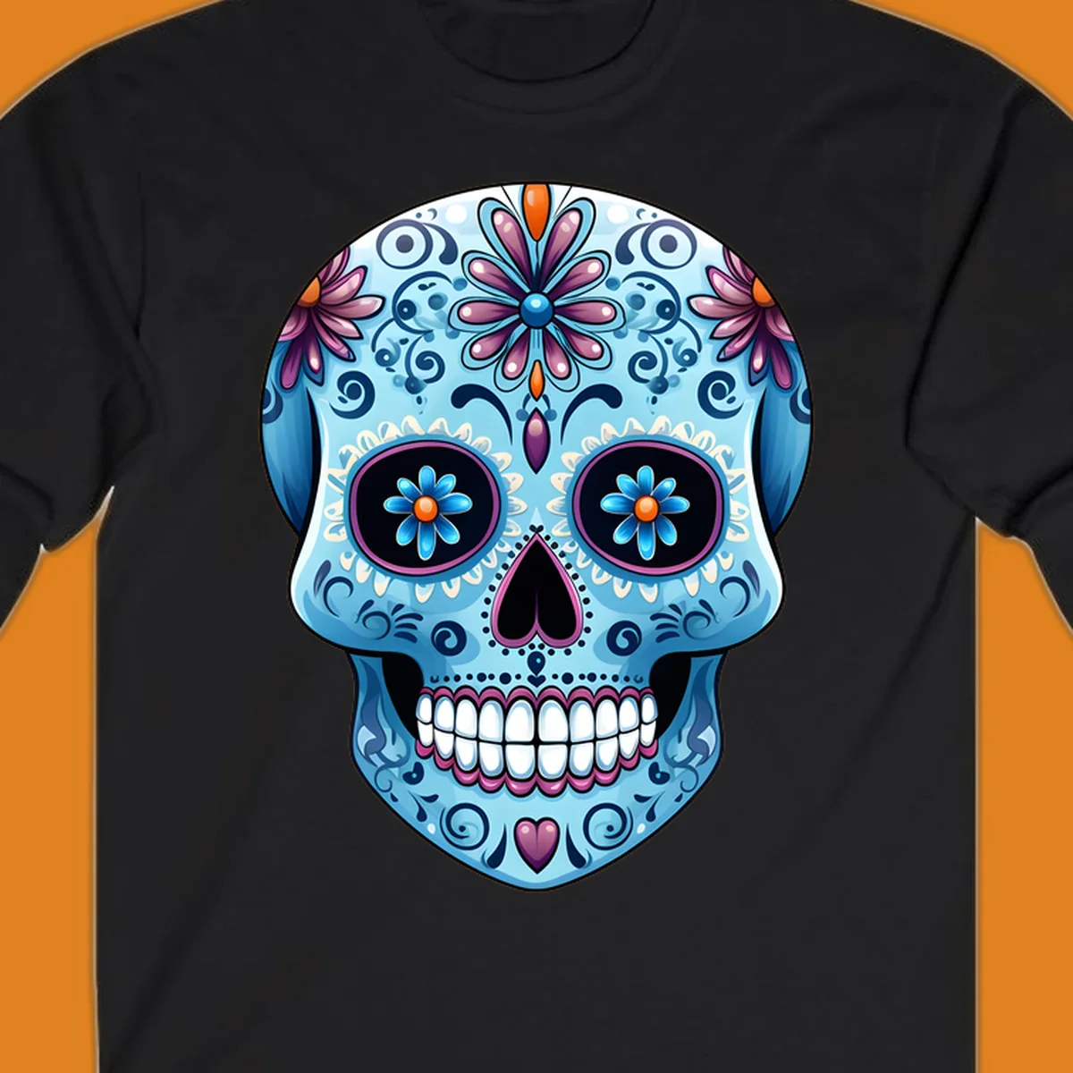 A highly detailed, light blue calavera sugar skull with purple and pink flowers, orange accents, and black eyes. Features intricate-blue-calavera-skull.