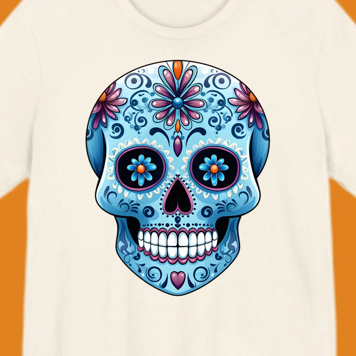 A highly detailed, light blue calavera sugar skull with purple and pink flowers, orange accents, and black eyes. Features intricate-blue-calavera-skull.