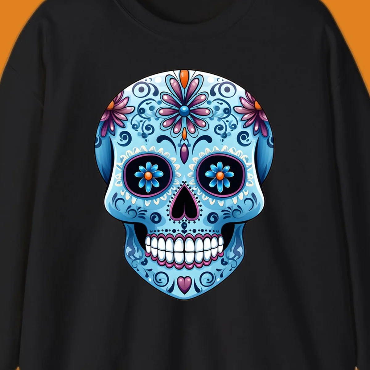 A highly detailed, light blue calavera sugar skull with purple and pink flowers, orange accents, and black eyes. Features intricate-blue-calavera-skull.
