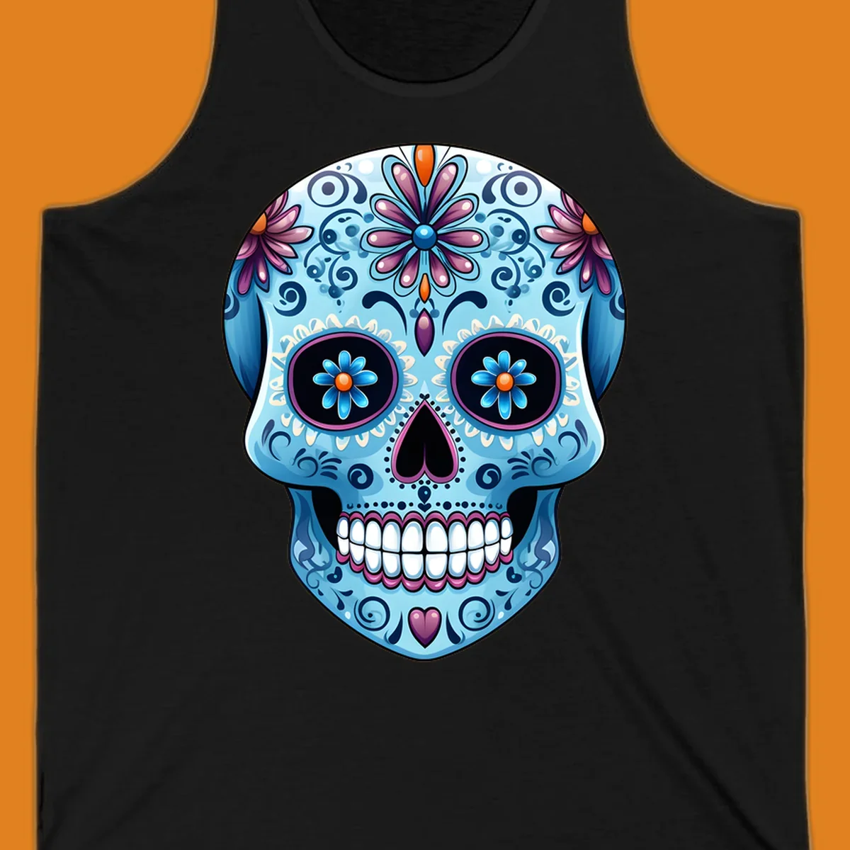 A highly detailed, light blue calavera sugar skull with purple and pink flowers, orange accents, and black eyes. Features intricate-blue-calavera-skull.