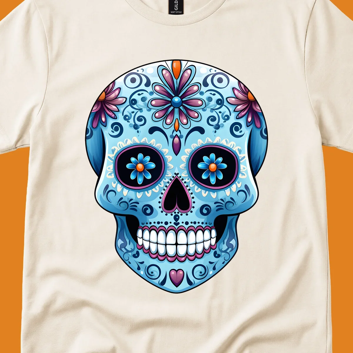 A highly detailed, light blue calavera sugar skull with purple and pink flowers, orange accents, and black eyes. Features intricate-blue-calavera-skull.