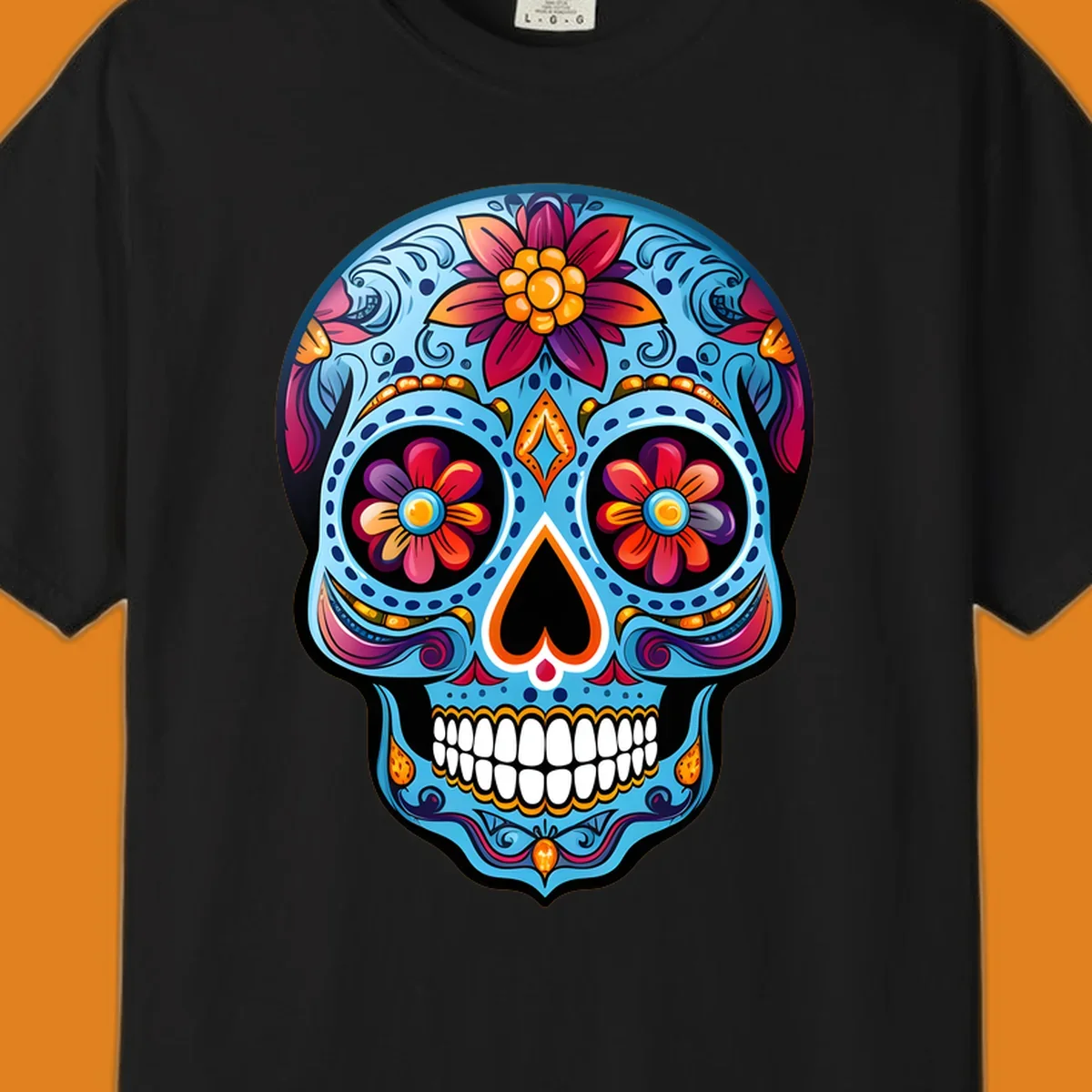 A vibrant floral sugar skull illustration with intricate blue, red, orange, purple, and gold patterns, flower eyes, and white teeth.