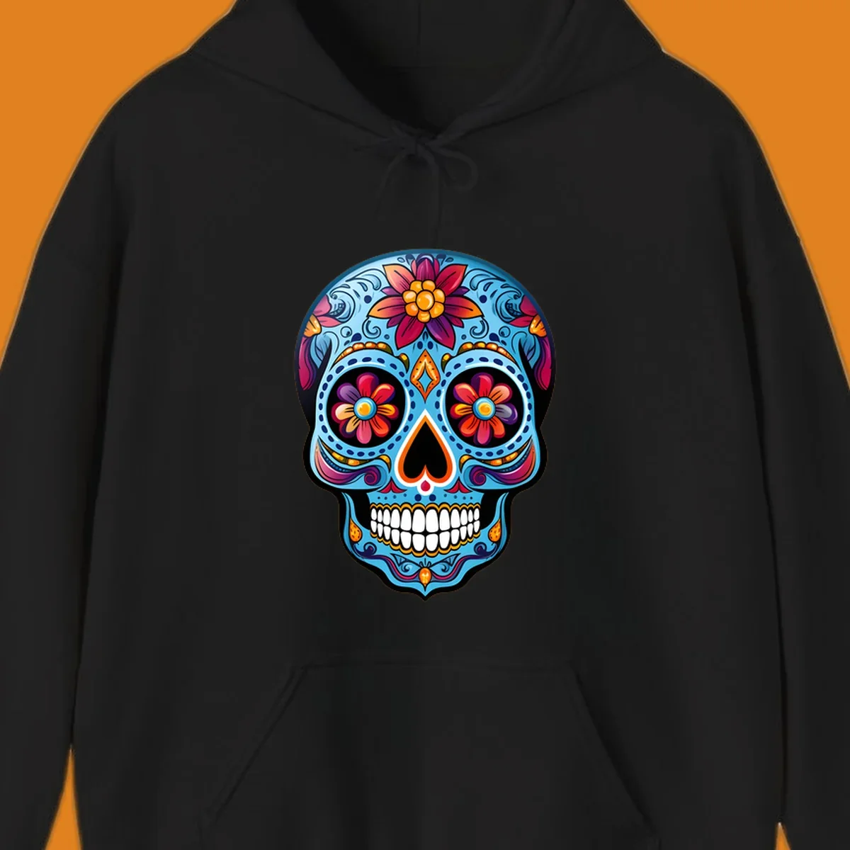 A vibrant floral sugar skull illustration with intricate blue, red, orange, purple, and gold patterns, flower eyes, and white teeth.