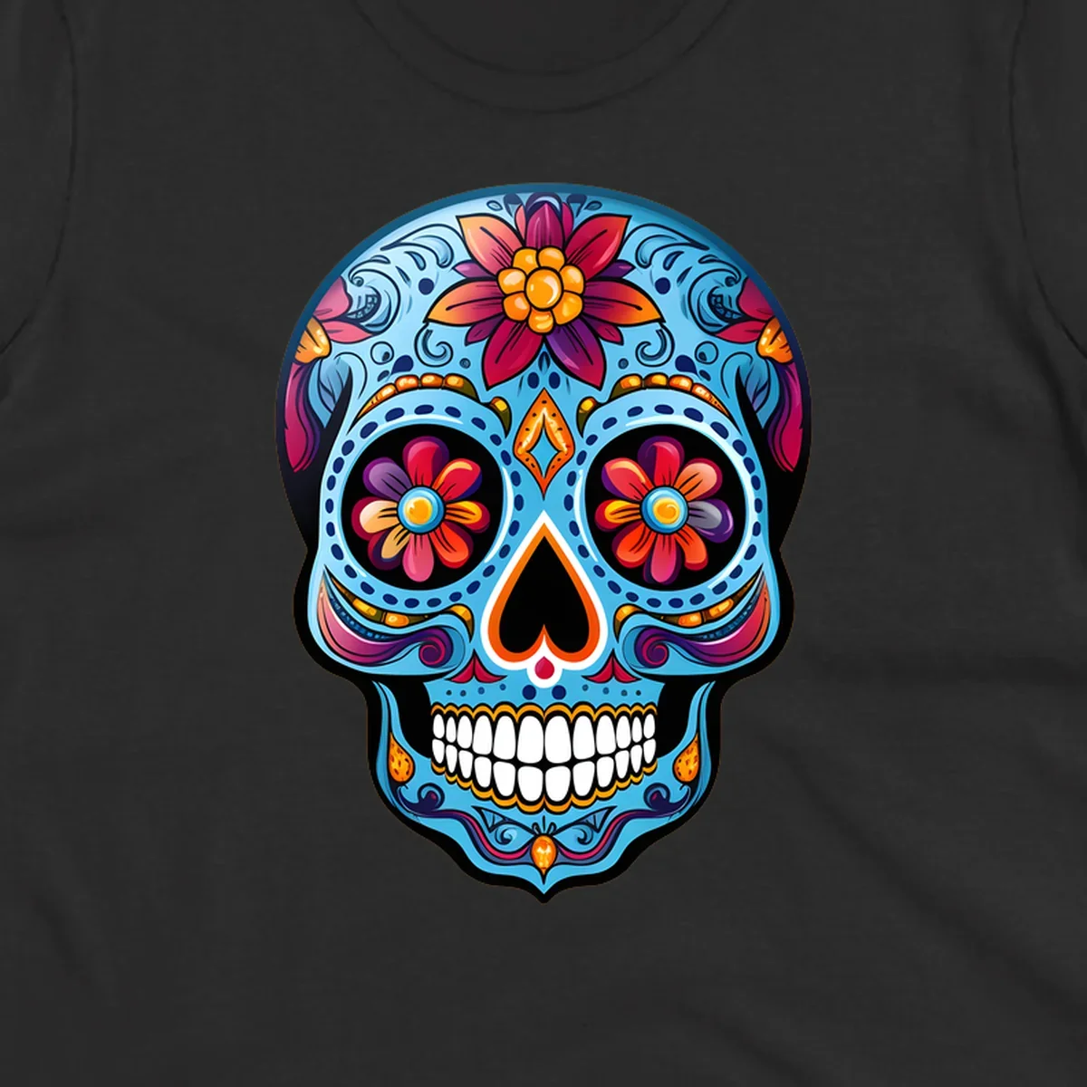 A vibrant floral sugar skull illustration with intricate blue, red, orange, purple, and gold patterns, flower eyes, and white teeth.