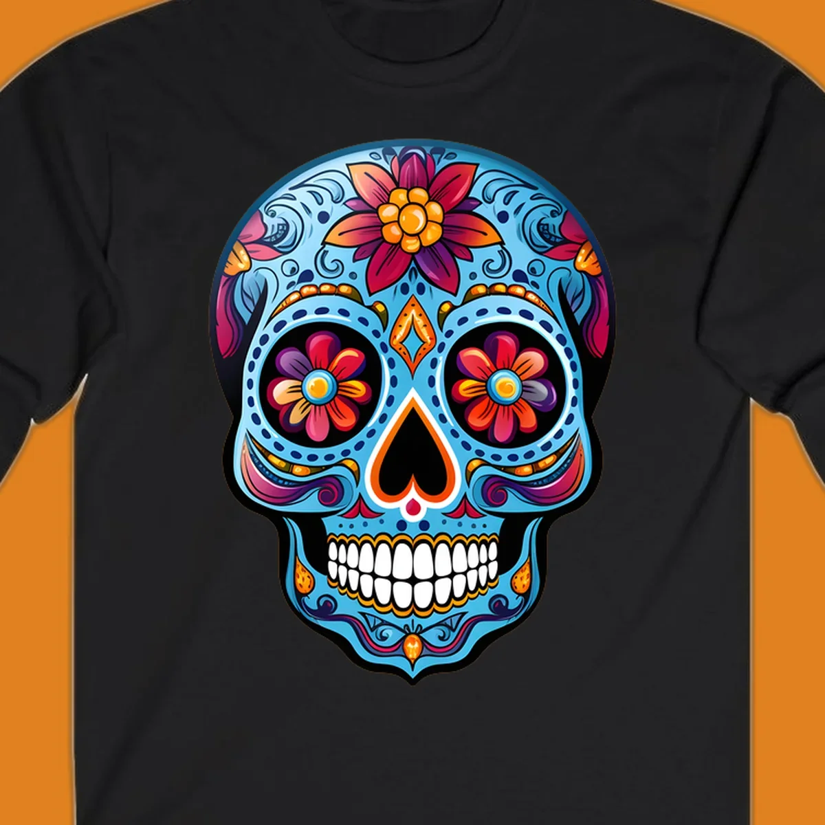 A vibrant floral sugar skull illustration with intricate blue, red, orange, purple, and gold patterns, flower eyes, and white teeth.