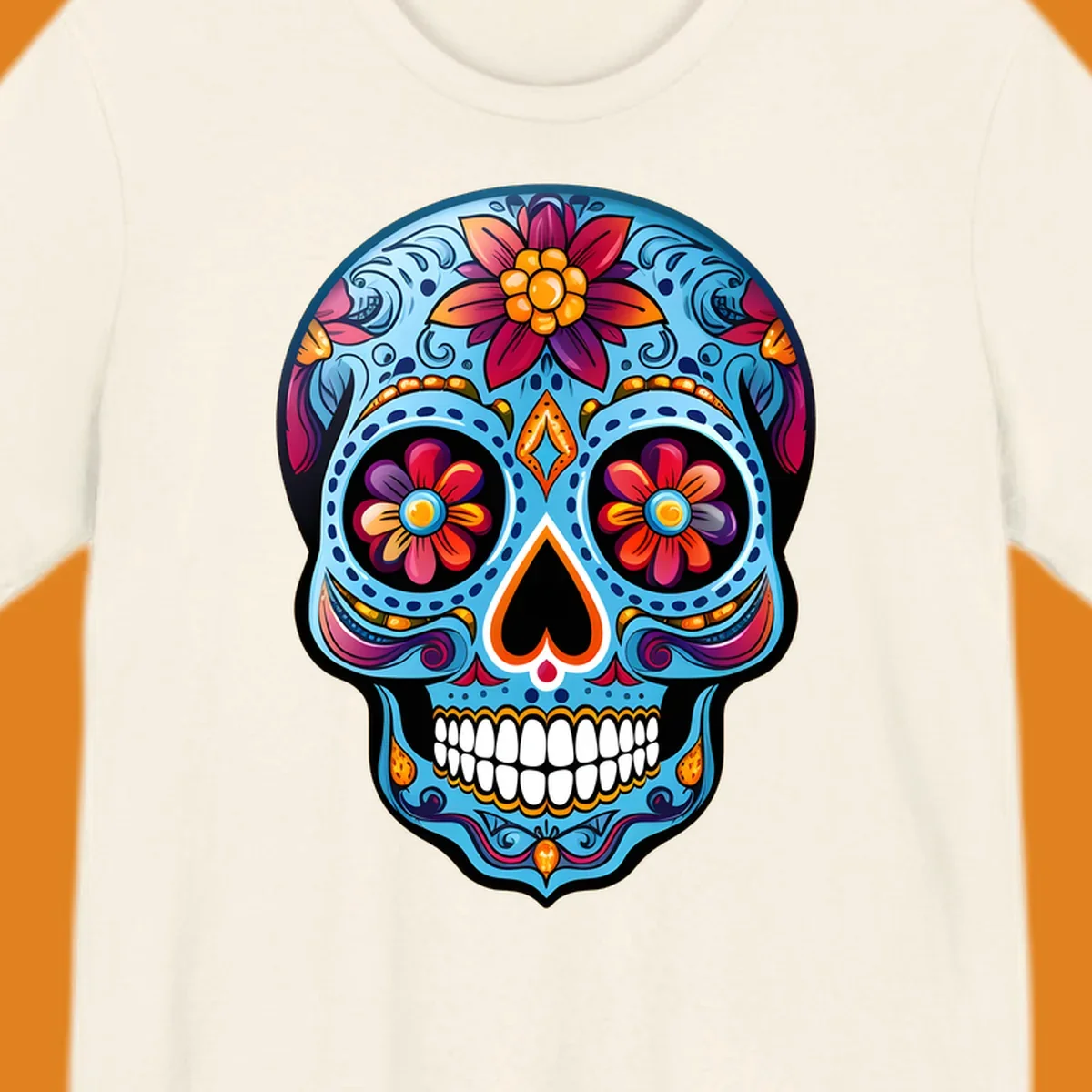 A vibrant floral sugar skull illustration with intricate blue, red, orange, purple, and gold patterns, flower eyes, and white teeth.