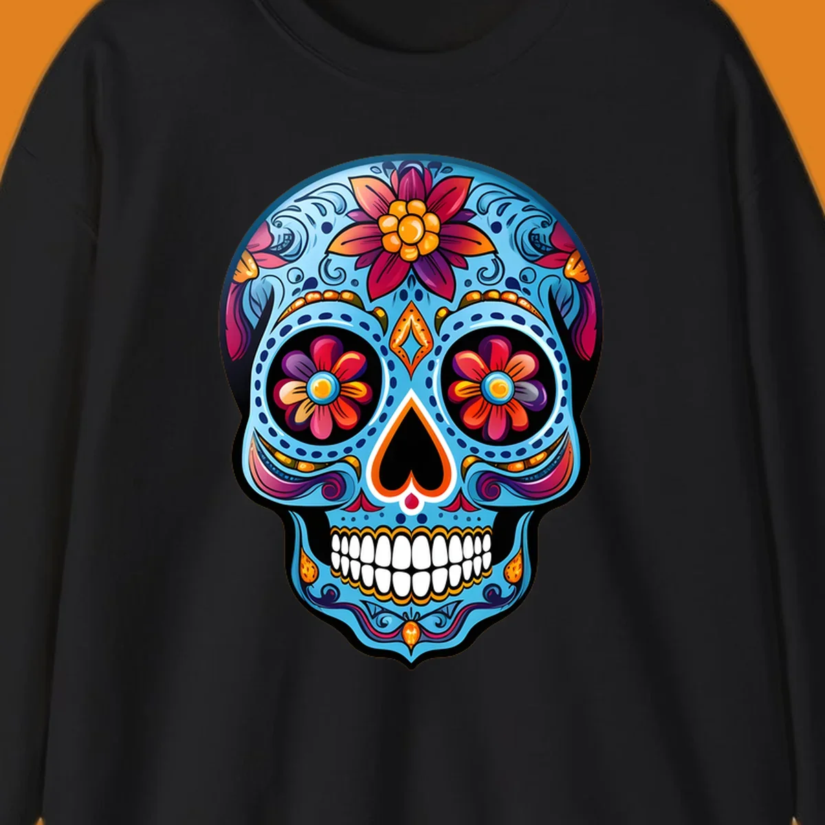 A vibrant floral sugar skull illustration with intricate blue, red, orange, purple, and gold patterns, flower eyes, and white teeth.