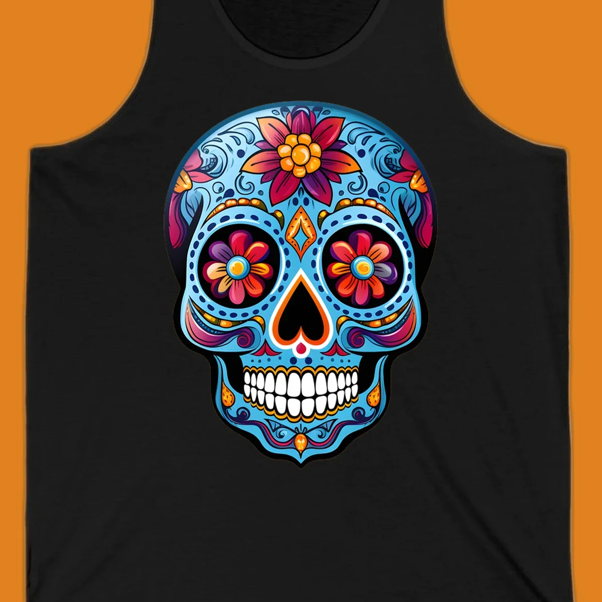 A vibrant floral sugar skull illustration with intricate blue, red, orange, purple, and gold patterns, flower eyes, and white teeth.