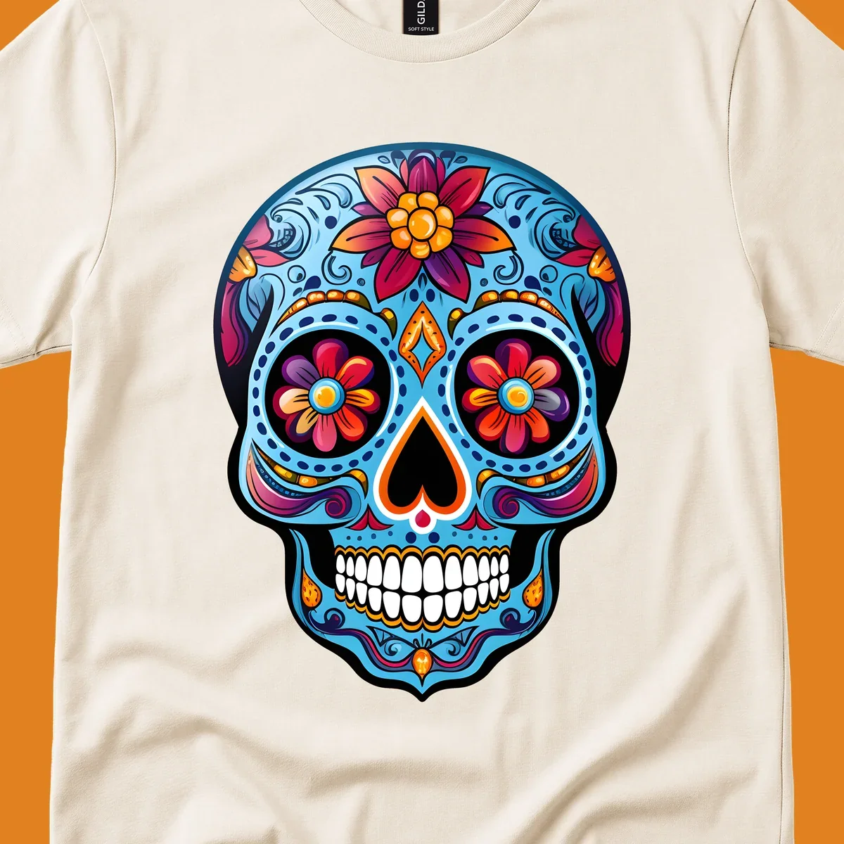 A vibrant floral sugar skull illustration with intricate blue, red, orange, purple, and gold patterns, flower eyes, and white teeth.