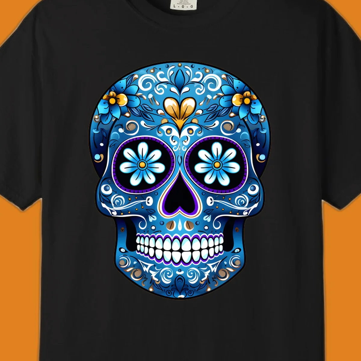 A vibrant blue floral sugar-skull illustration. The calavera is adorned with white, gold, and purple swirls and flowers.