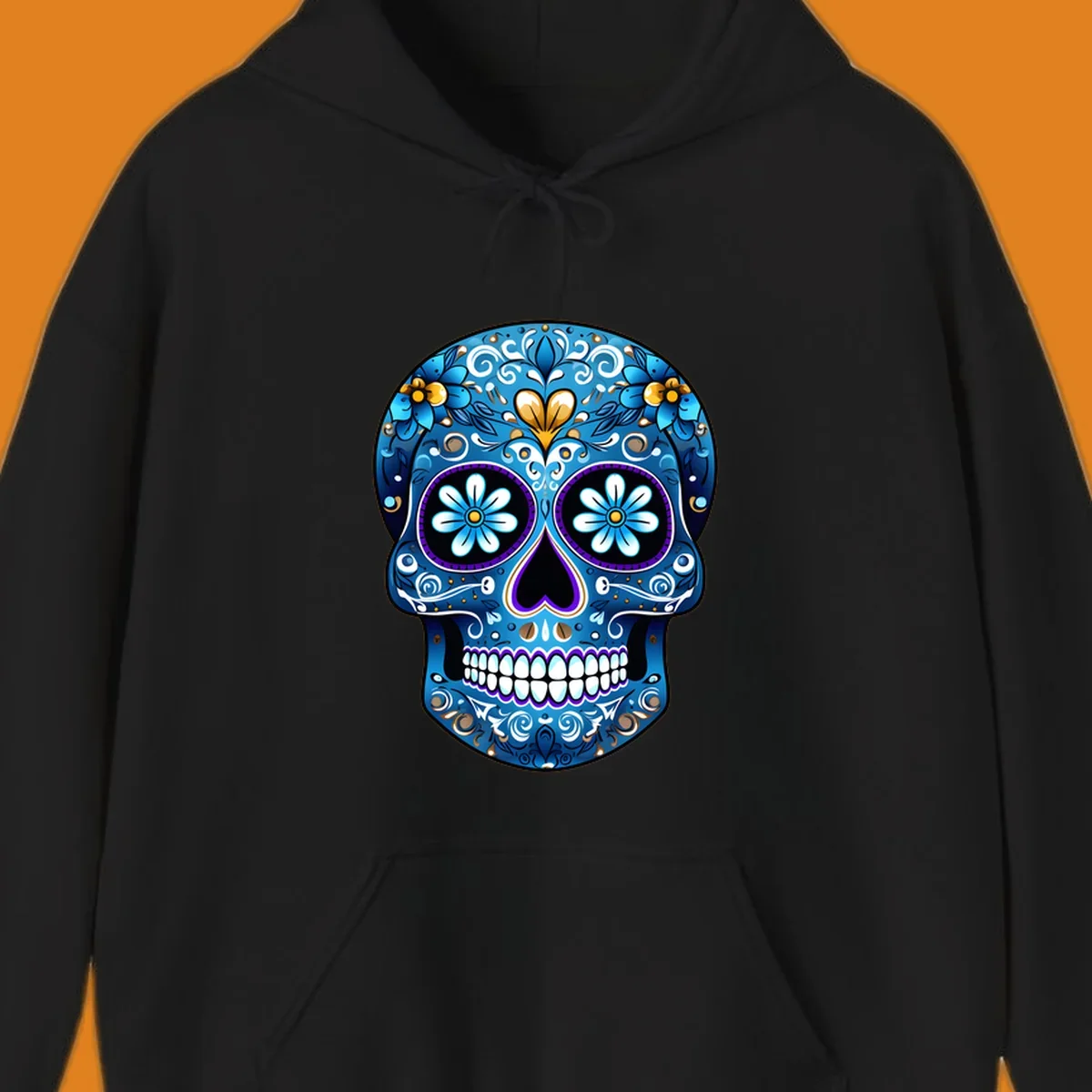 A vibrant blue floral sugar-skull illustration. The calavera is adorned with white, gold, and purple swirls and flowers.