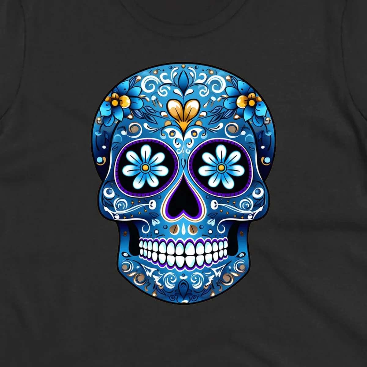 A vibrant blue floral sugar-skull illustration. The calavera is adorned with white, gold, and purple swirls and flowers.