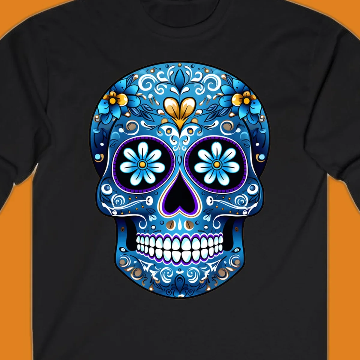 A vibrant blue floral sugar-skull illustration. The calavera is adorned with white, gold, and purple swirls and flowers.