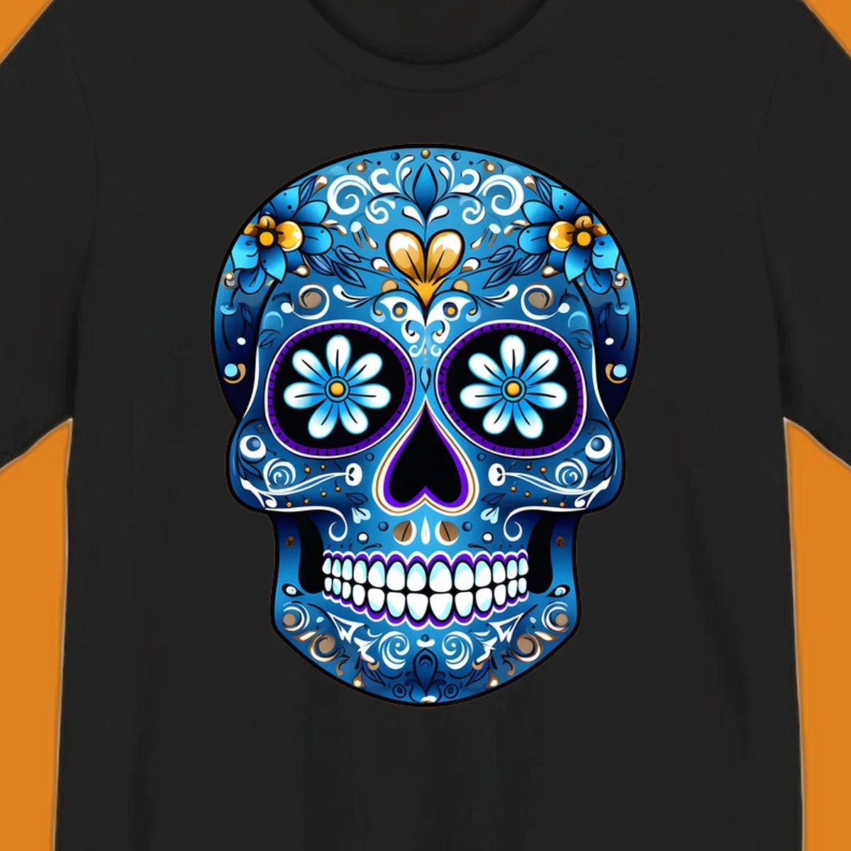 A vibrant blue floral sugar-skull illustration. The calavera is adorned with white, gold, and purple swirls and flowers.