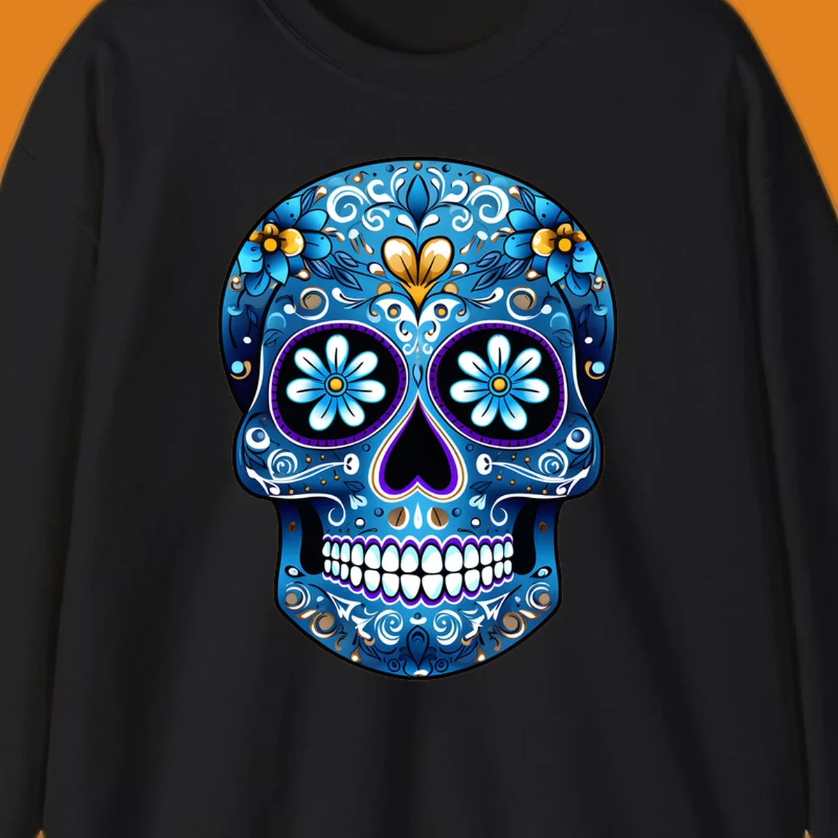 A vibrant blue floral sugar-skull illustration. The calavera is adorned with white, gold, and purple swirls and flowers.
