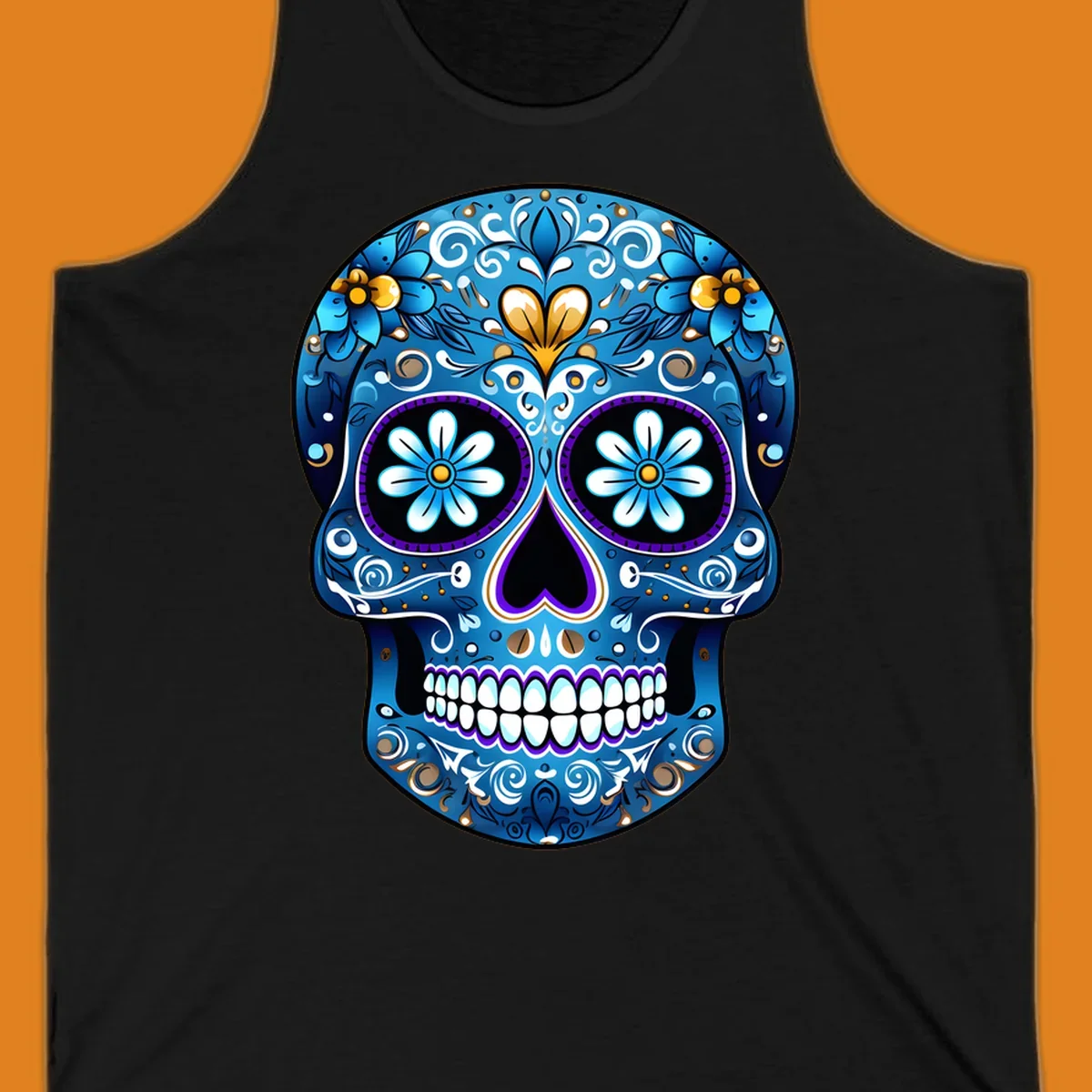 A vibrant blue floral sugar-skull illustration. The calavera is adorned with white, gold, and purple swirls and flowers.