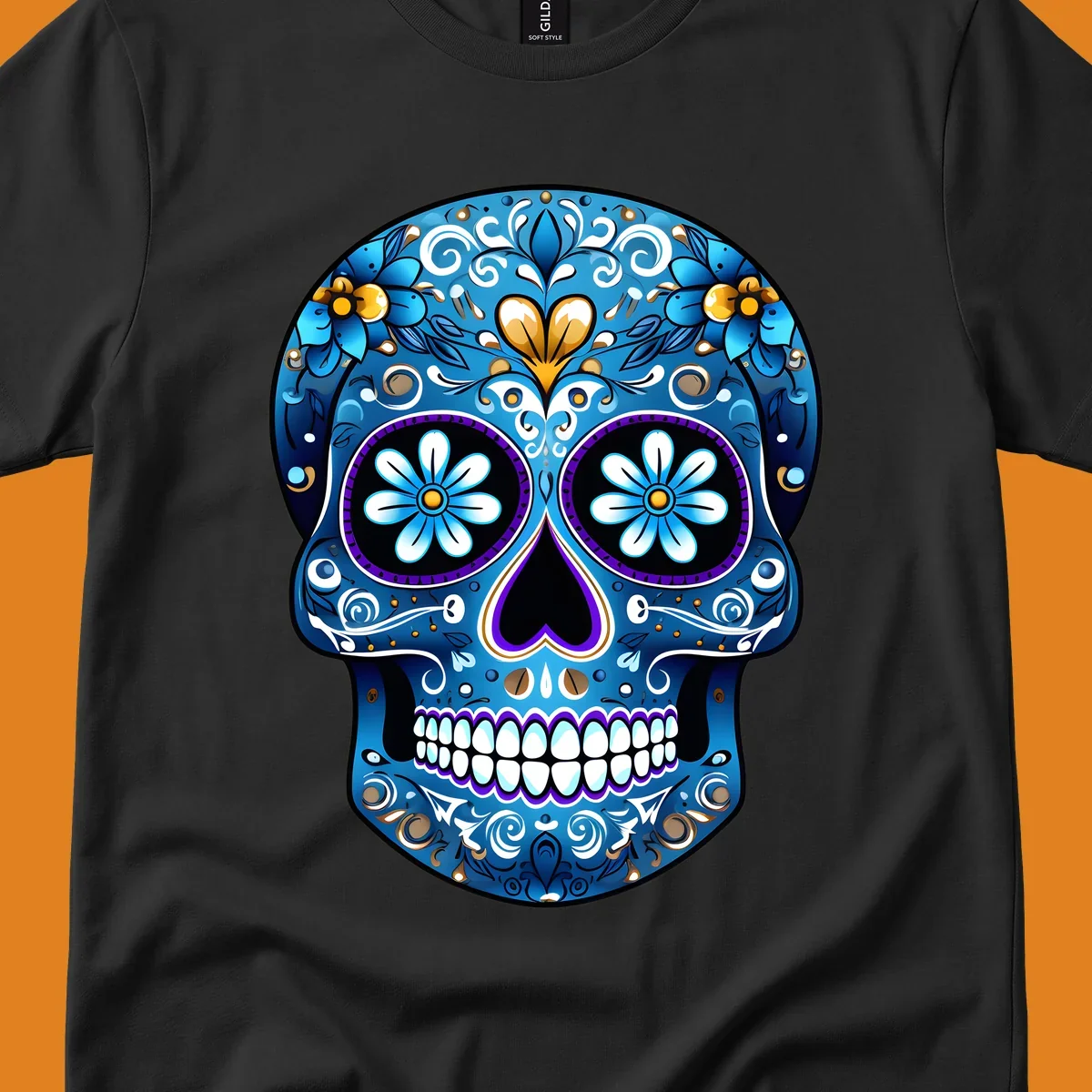 A vibrant blue floral sugar-skull illustration. The calavera is adorned with white, gold, and purple swirls and flowers.