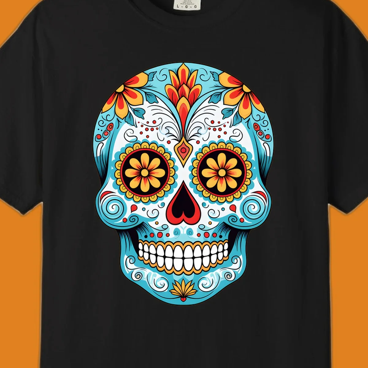 A vibrant floral sugar skull illustration in light blue, red, yellow, and orange, adorned with flowers and intricate patterns.