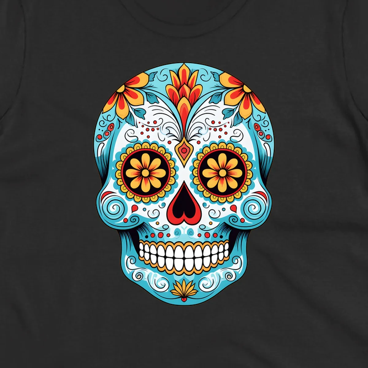 A vibrant floral sugar skull illustration in light blue, red, yellow, and orange, adorned with flowers and intricate patterns.