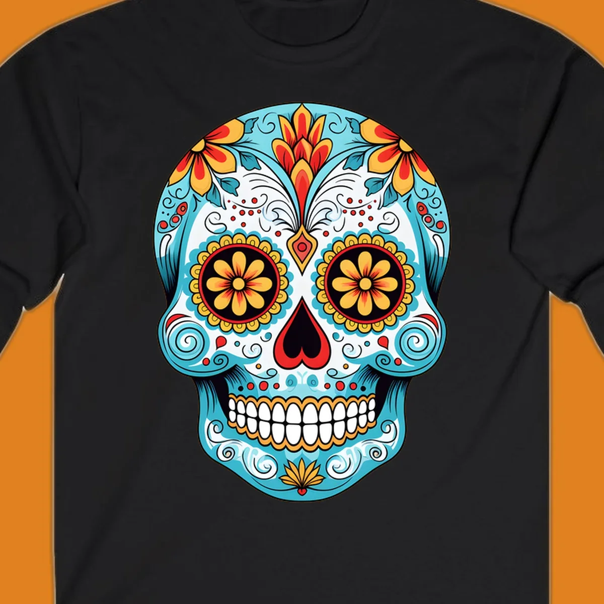 A vibrant floral sugar skull illustration in light blue, red, yellow, and orange, adorned with flowers and intricate patterns.