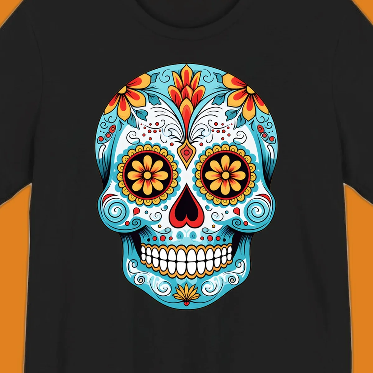 A vibrant floral sugar skull illustration in light blue, red, yellow, and orange, adorned with flowers and intricate patterns.