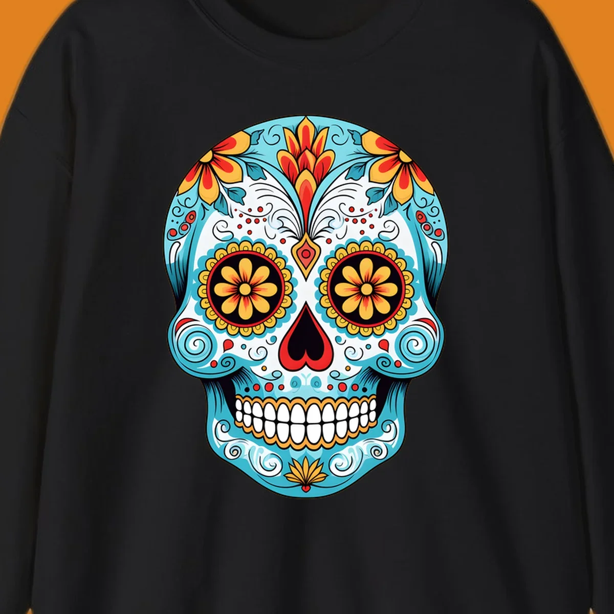 A vibrant floral sugar skull illustration in light blue, red, yellow, and orange, adorned with flowers and intricate patterns.