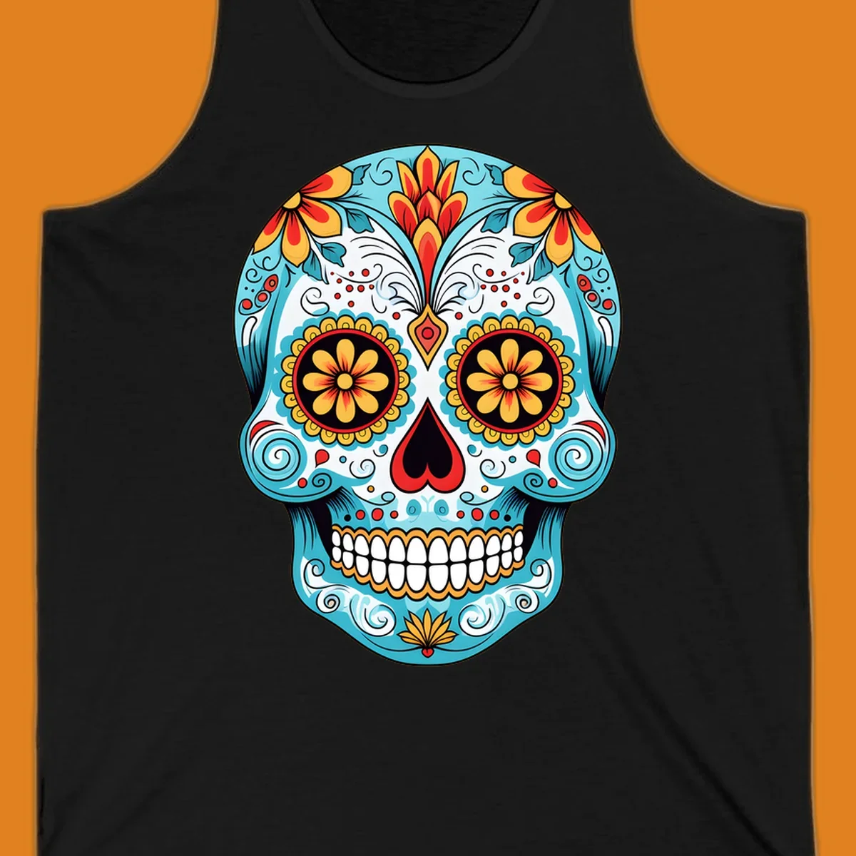 A vibrant floral sugar skull illustration in light blue, red, yellow, and orange, adorned with flowers and intricate patterns.
