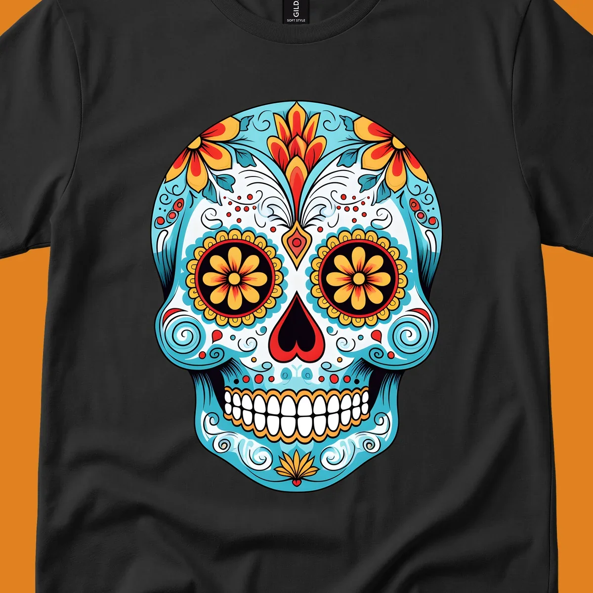 A vibrant floral sugar skull illustration in light blue, red, yellow, and orange, adorned with flowers and intricate patterns.