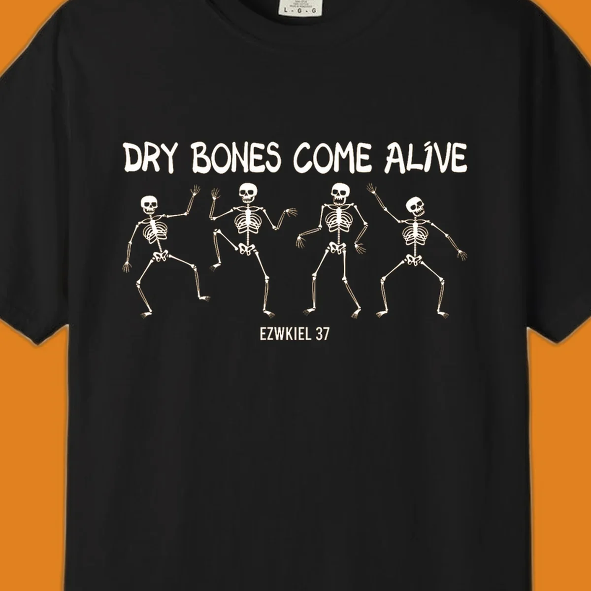 Four dancing skeletons with text 'Dry Bones Come Alive Ezekiel 37', representing the dry bones come alive concept.