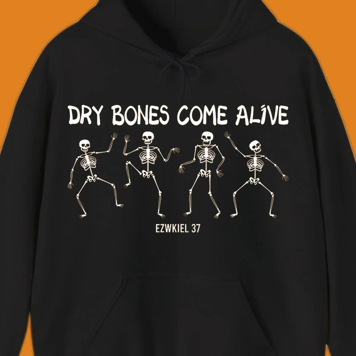 Four dancing skeletons with text 'Dry Bones Come Alive Ezekiel 37', representing the dry bones come alive concept.