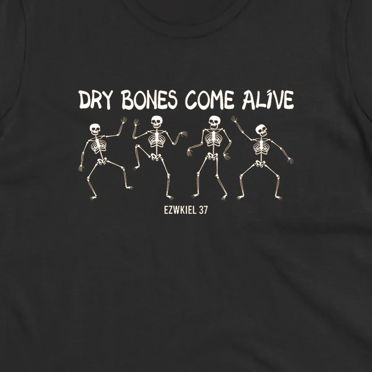 Four dancing skeletons with text 'Dry Bones Come Alive Ezekiel 37', representing the dry bones come alive concept.